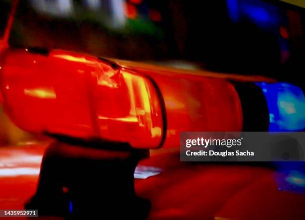 flashing lights on police car - crime concept - police car lights stock pictures, royalty-free photos & images