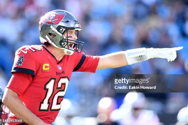 Tom Brady of the Tampa Bay Buccaneers directs the offense in the fourth quarter against the Carolina Panthers at Bank of America Stadium on October...