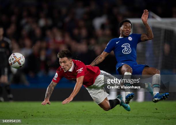 Lisandro Martnez of Manchester United competes for the ball against Raheem Stirling of Chelsea during the Premier League match between Chelsea FC and...