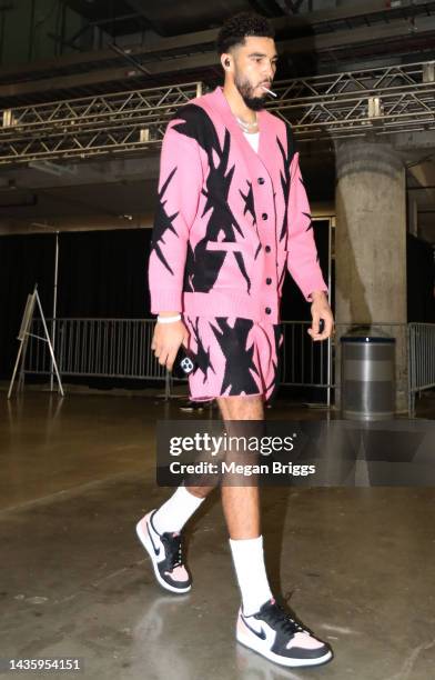 Jayson Tatum of the Boston Celtics arrives prior to a game against the Miami Heat at FTX Arena on October 21, 2022 in Miami, Florida. NOTE TO USER:...