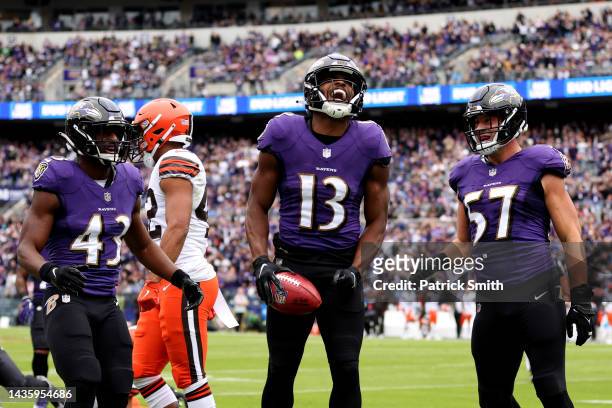 Devin Duvernay of the Baltimore Ravens celebrates a punt return in the second quarter of the game against the Cleveland Browns at M&T Bank Stadium on...