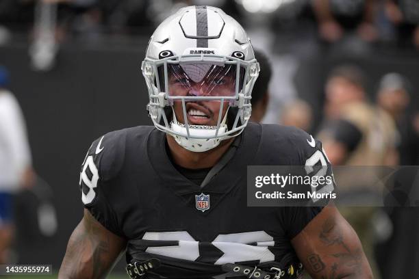 Josh Jacobs of the Las Vegas Raiders warms up on the field prior to their game against the Houston Texans at Allegiant Stadium on October 23, 2022 in...