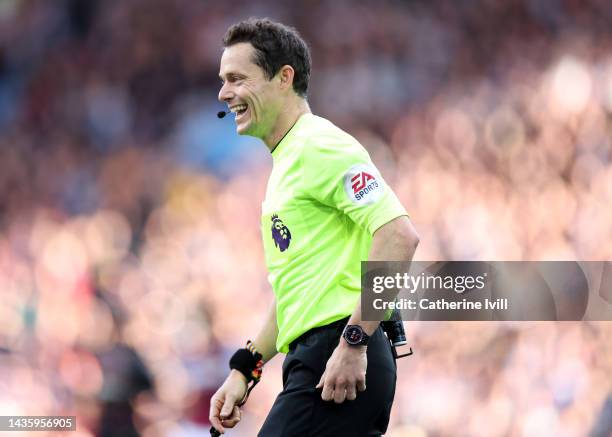 Referee Darren England during the Premier League match between Aston Villa and Brentford FC at Villa Park on October 23, 2022 in Birmingham, England.