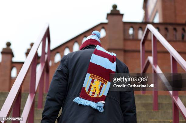 Fan wearing an Aston Villa scarf ahead of the Premier League match between Aston Villa and Brentford FC at Villa Park on October 23, 2022 in...