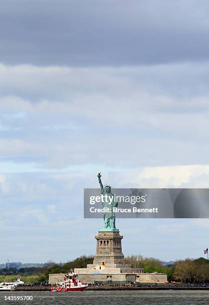 General view of the Statue of Liberty in the New York Harbor as photographed on April 27, 2012 from the Red Hook section of Broooklyn, New York.