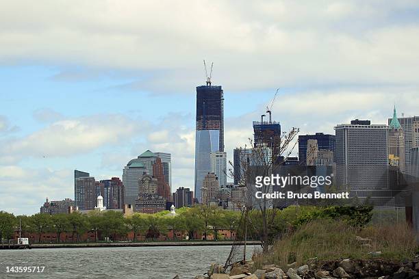 General view of lower Manhattan as photographed on April 27, 2012 from the Red Hook section of Broooklyn, New York.