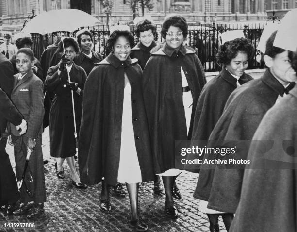 Jamaican nurses arriving at Westminster Abbey for the Jamaican independence thanksgiving service; London, England, United Kingdom, 7th August 1962....