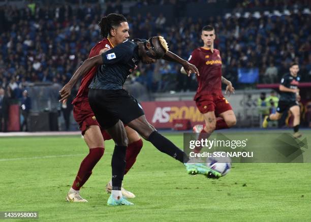 Vìctor Osimhen of Napoli scores the 0-1 goal of Napoli during the Serie A match between AS Roma and SSC Napoli at Stadio Olimpico on October 23, 2022...