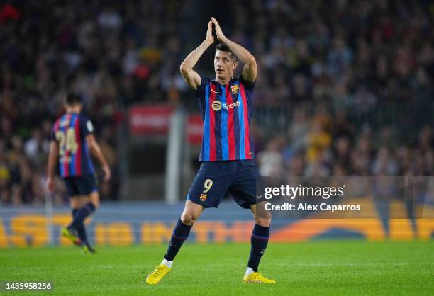 Robert Lewandowski of FC Barcelona applauds fans while leaving the field after being substituted off during the LaLiga Santander match between FC...