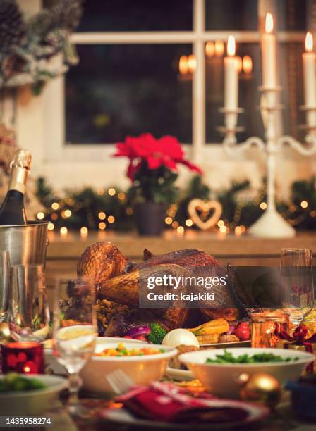 traditional stuffed christmas turkey with side dishes - kalkon vitt kött bildbanksfoton och bilder