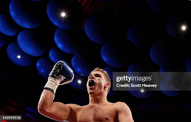 Billy Joe Saunders celebrates his victory over Tony Hill during the Vacant Commonwealth Middleweight Championship at Royal Albert Hall on April 28,...