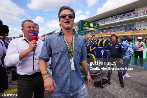 Brad Pitt visits Williams Racing during the Formula 1 United States Grand Prix at Circuit of The Americas on October 23, 2022 in Austin, Texas.