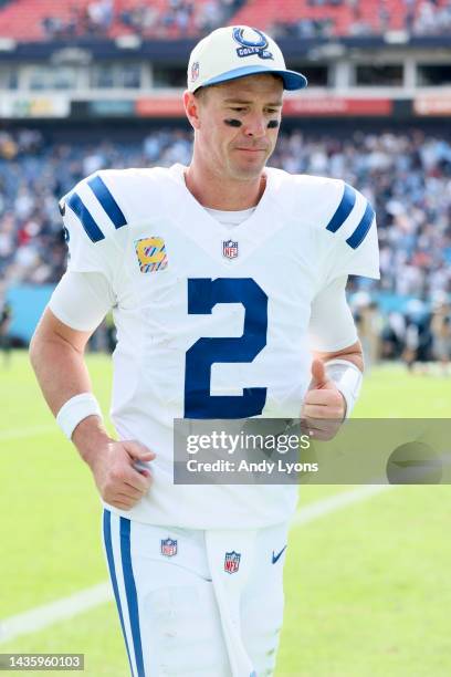Matt Ryan of the Indianapolis Colts runs off the field after the game against the Tennessee Titans at Nissan Stadium on October 23, 2022 in...