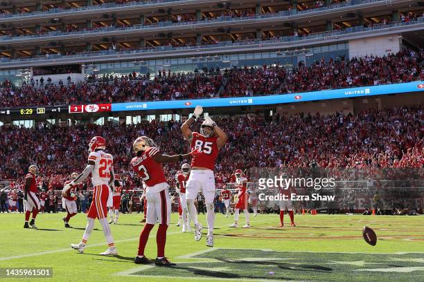 Ray-Ray McCloud III celebrates after scoring a touchdown with George Kittle of the San Francisco 49ers in the first quarter against the Kansas City...