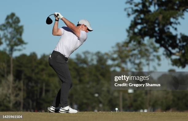 Rory McIlroy of Northern Ireland plays his shot from the 15th tee during the final round of the CJ Cup at Congaree Golf Club on October 23, 2022 in...