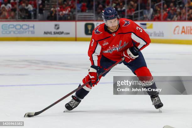 Nick Jensen of the Washington Capitals looks for a shooting lane during a game against the Los Angeles Kings at Capital One Arena on October 22, 2022...