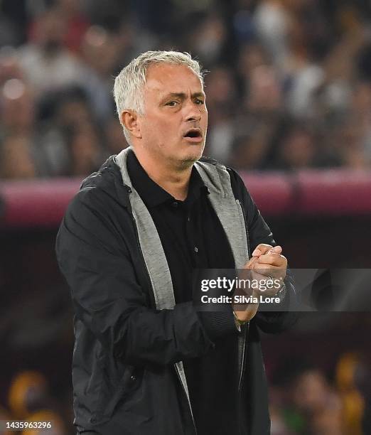 Jose Mourinho head coach of AS Roma gestures during the Serie A match between AS Roma and SSC Napoli at Stadio Olimpico on October 23, 2022 in Rome,...