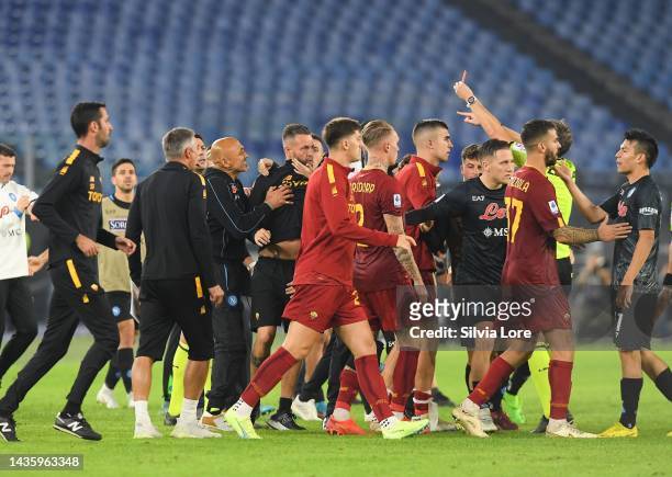 Nuno Santos goalkeeper trainer of AS Roma reacts after receiving the red card at the end of the Serie A match between AS Roma and SSC Napoli at...