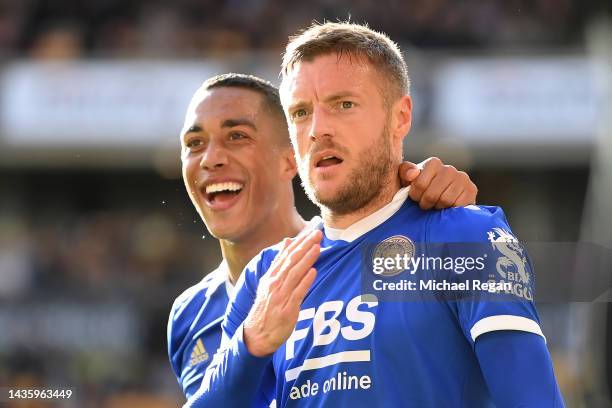 Jamie Vardy celebrates his goal to make it 4-0 with team mate Youri Tielemans during the Premier League match between Wolverhampton Wanderers and...