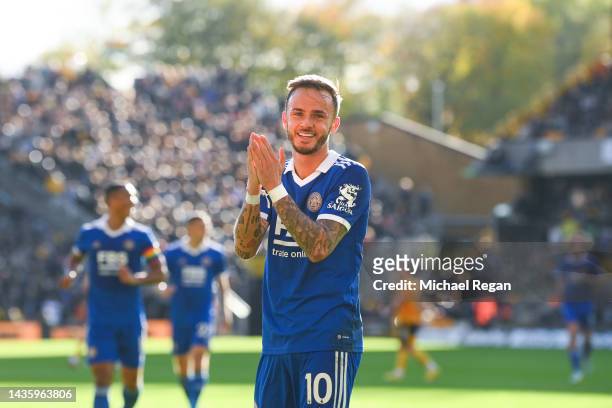 James Maddison of Leicester celebrates his goal to make it 3-0 during the Premier League match between Wolverhampton Wanderers and Leicester City at...
