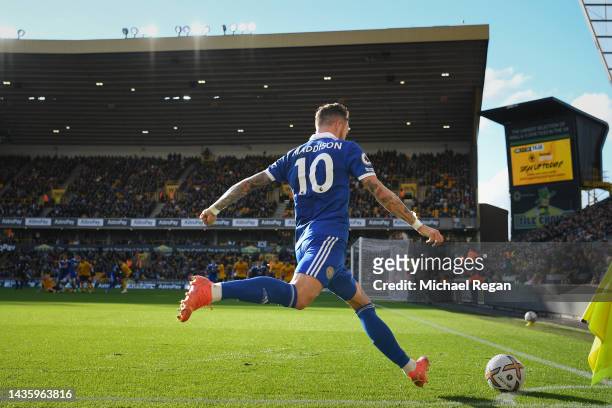 James Maddison of Leicester takes a corner during the Premier League match between Wolverhampton Wanderers and Leicester City at Molineux on October...