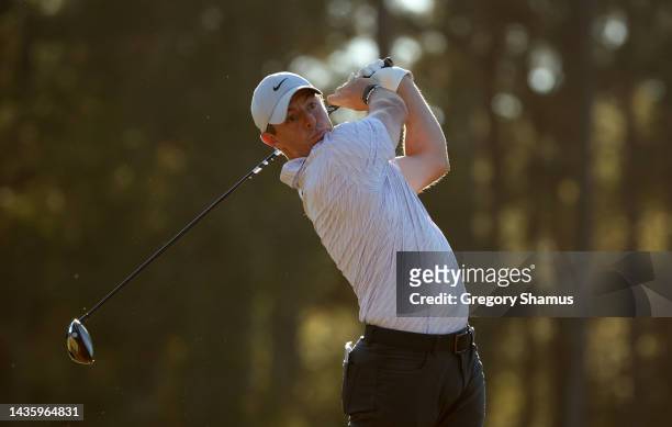 Rory McIlroy of Northern Ireland plays his shot from the 17th tee during the final round of the CJ Cup at Congaree Golf Club on October 23, 2022 in...