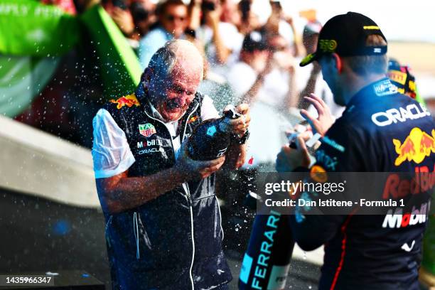 Race winner Max Verstappen of the Netherlands and Oracle Red Bull Racing and Red Bull Racing Team Consultant Dr Helmut Marko celebrate on the podium...