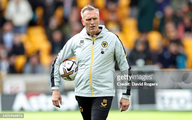 Steve Davis, the interim manager of Wolverhampton Wanderers looks on in the warm up during the Premier League match between Wolverhampton Wanderers...