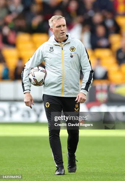 Steve Davis, the interim manager of Wolverhampton Wanderers looks on in the warm up during the Premier League match between Wolverhampton Wanderers...