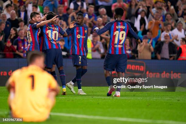 Players of FC Barcelona celebrating their team's fourth goal during the LaLiga Santander match between FC Barcelona and Athletic Club at Spotify Camp...