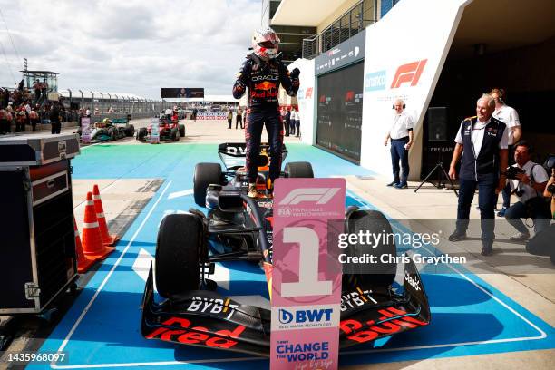 Race winner Max Verstappen of the Netherlands and Oracle Red Bull Racing celebrates in parc ferme following the F1 Grand Prix of USA at Circuit of...