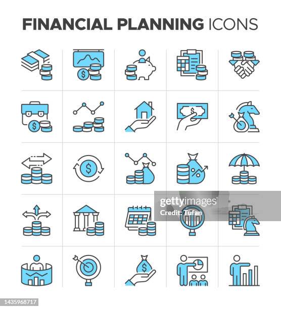 ilustraciones, imágenes clip art, dibujos animados e iconos de stock de icono de planificación financiera configurado fácil de colorear. préstamo, crecimiento financiero, estado de resultados, meta financiera y más símbolo - plan financiero