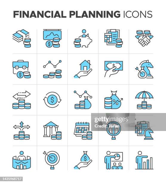 financial planning icon set easy to color. loan, financial growth, income statement, financial goal and more symbol - retirement vector stock illustrations