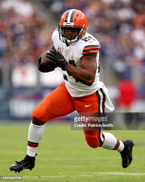 Nick Chubb of the Cleveland Browns runs the ball during the second half of the game against the Baltimore Ravens at M&T Bank Stadium on October 23,...