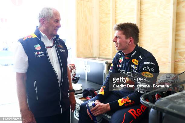 Race winner Max Verstappen of the Netherlands and Oracle Red Bull Racing and Red Bull Racing Team Consultant Dr Helmut Marko talk in parc ferme...