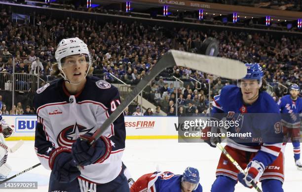 Kent Johnson of the Columbus Blue Jackets catches the puck on his stick during the first period against the New York Rangers at Madison Square Garden...