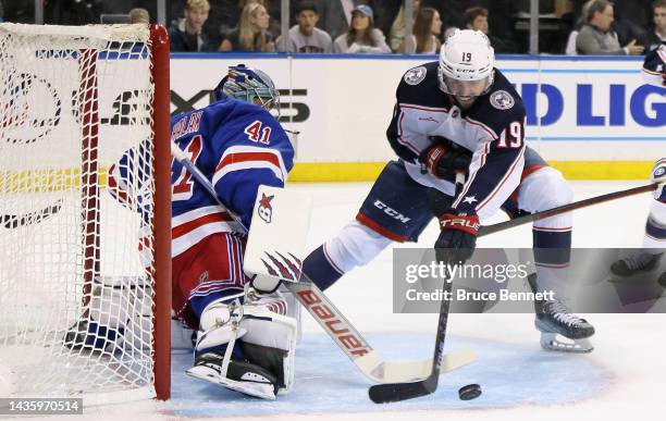 Jaroslav Halak of the New York Rangers makes the first period save on Liam Foudy of the Columbus Blue Jackets at Madison Square Garden on October 23,...