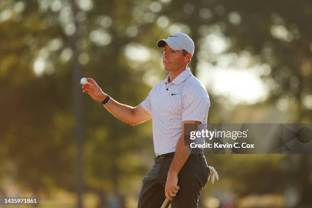 Rory McIlroy of Northern Ireland reacts after winning on the 18th green during the final round of the CJ Cup at Congaree Golf Club on October 23,...