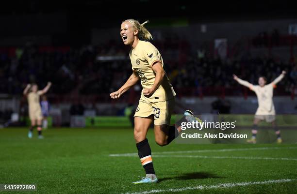 Pernille Harder of Chelsea celebrates scoring their sides second goal during the FA Women's Super League match between Brighton & Hove Albion and...