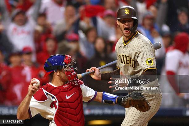 Wil Myers of the San Diego Padres reacts to a strike out during the ninth inning against the Philadelphia Phillies in game five of the National...