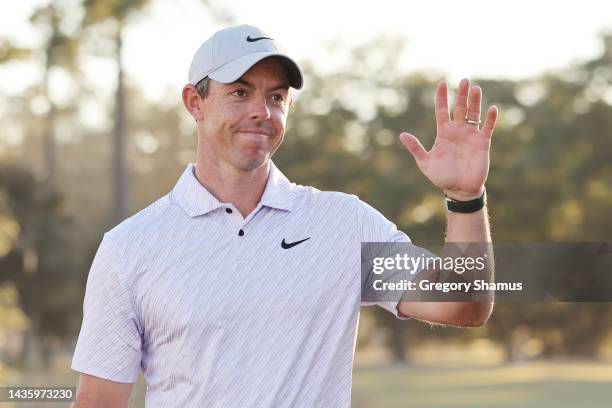 Rory McIlroy of Northern Ireland celebrates after winning during the final round of the CJ Cup at Congaree Golf Club on October 23, 2022 in...