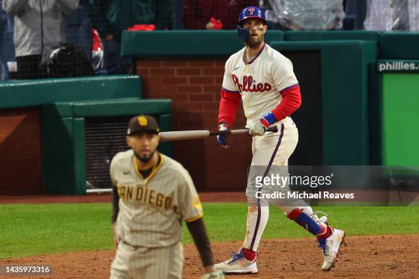 Bryce Harper of the Philadelphia Phillies hits a two run home run during the eighth inning against the San Diego Padres in game five of the National...
