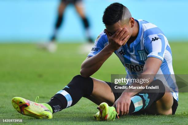Carlos Alcaraz of Racing Club reacts during a match between Racing Club and River Plate as part of Liga Profesional 2022 at Presidente Peron Stadium...