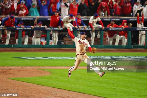 Rhys Hoskins of the Philadelphia Phillies reacts after defeating the San Diego Padres in game five to win the National League Championship Series at...