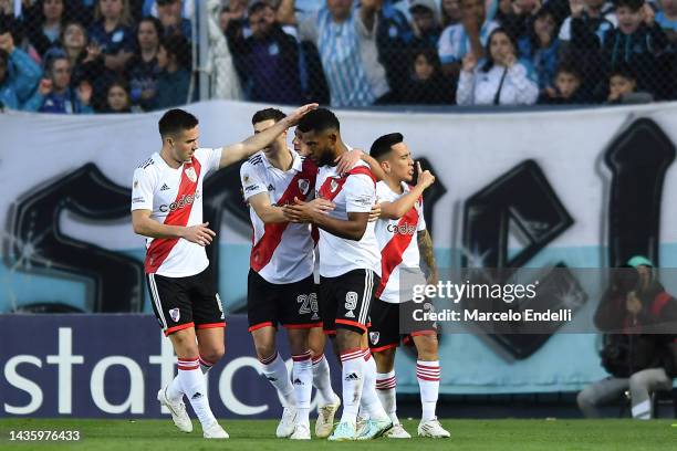 Miguel Borja of River Plate celebrates with teammates after scoring his team's second goal during a match between Racing Club and River Plate as part...