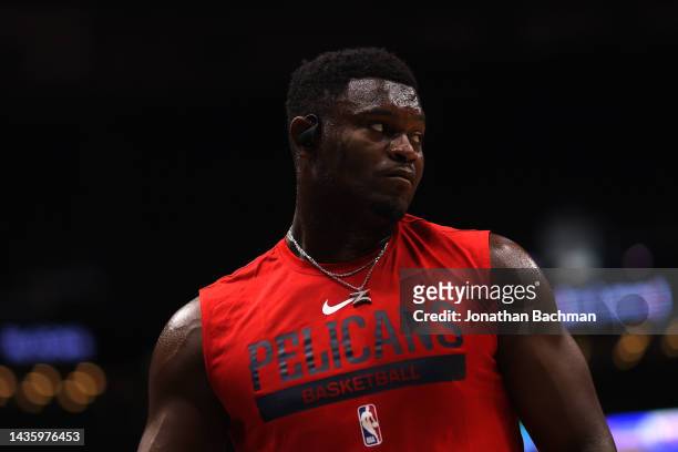 Zion Williamson of the New Orleans Pelicans warms up before a game against the Utah Jazz at the Smoothie King Center on October 23, 2022 in New...