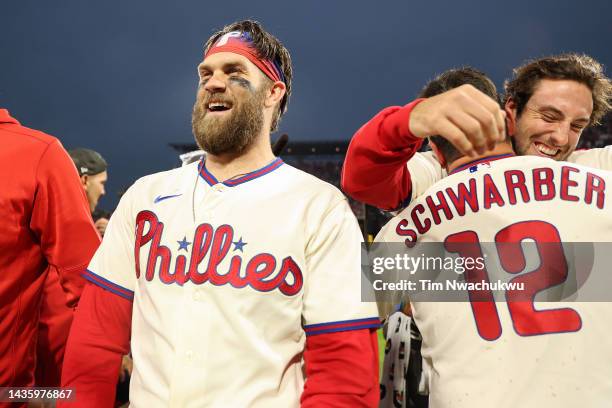 Bryce Harper of the Philadelphia Phillies celebrates after defeating the San Diego Padres in game five to win the National League Championship Series...