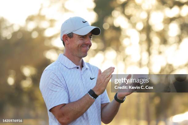 Rory McIlroy of Northern Ireland celebrates after winning during the final round of the CJ Cup at Congaree Golf Club on October 23, 2022 in...