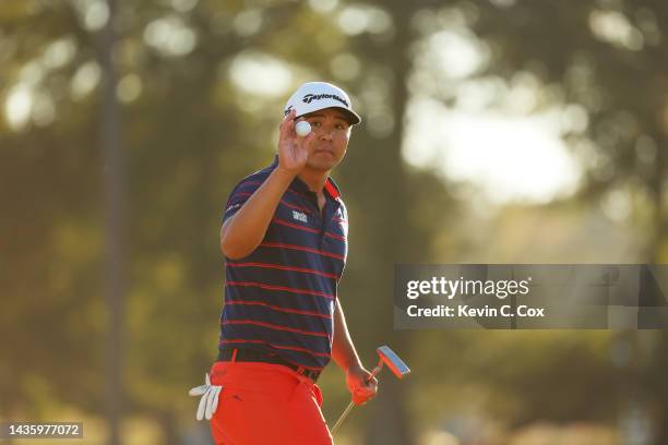 Kurt Kitayama of The United States reacts after finishing on the 18th green during the final round of the CJ Cup at Congaree Golf Club on October 23,...