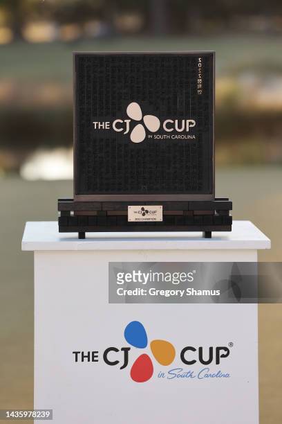 The trophy is displayed after the final round of the CJ Cup at Congaree Golf Club on October 23, 2022 in Ridgeland, South Carolina.